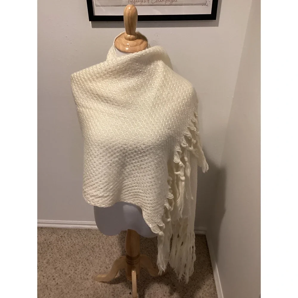 Cream Woven Shawl Scarf Fringed Tassel Textured‎ Boho Wrap Accessory